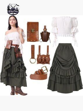 Renaissance Pirate Costume Medieval Steampunk Outfit Skirt Shirt Belt